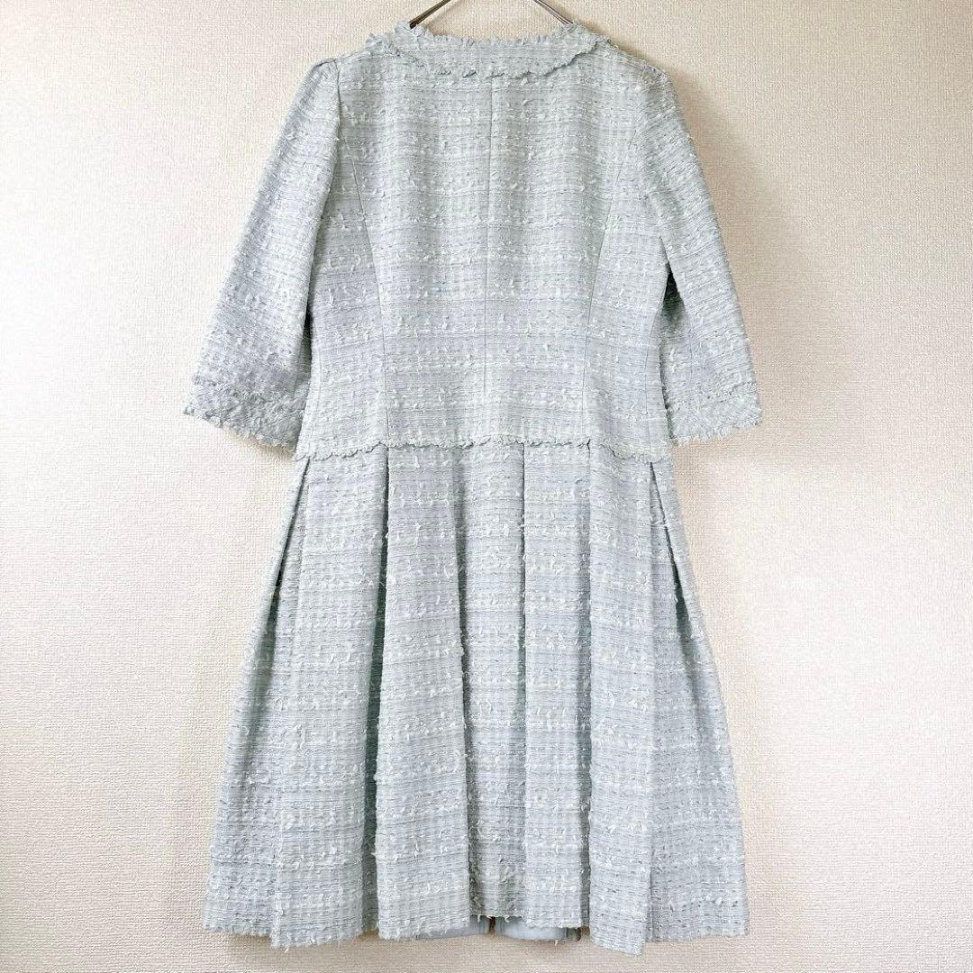 高級✨TO BE CHIC ノーカラー ツイードワンピース 水色 42 L〜XL