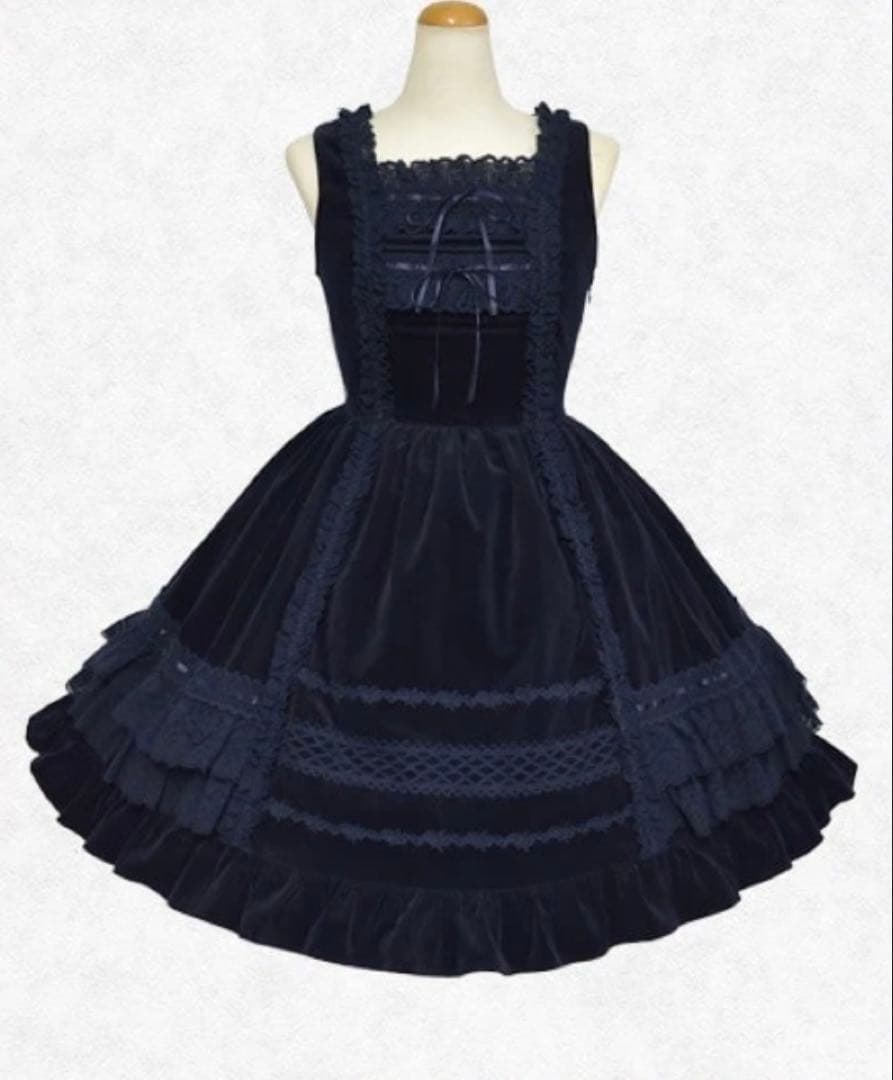 2点セット★別珍レースフリルJSK＋別珍プリンセスドロップヘッドドレス　紺