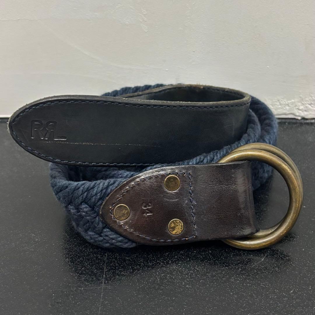 希少 RRL インディゴ メッシュ レザー ダブルリング ベルト 34 編み