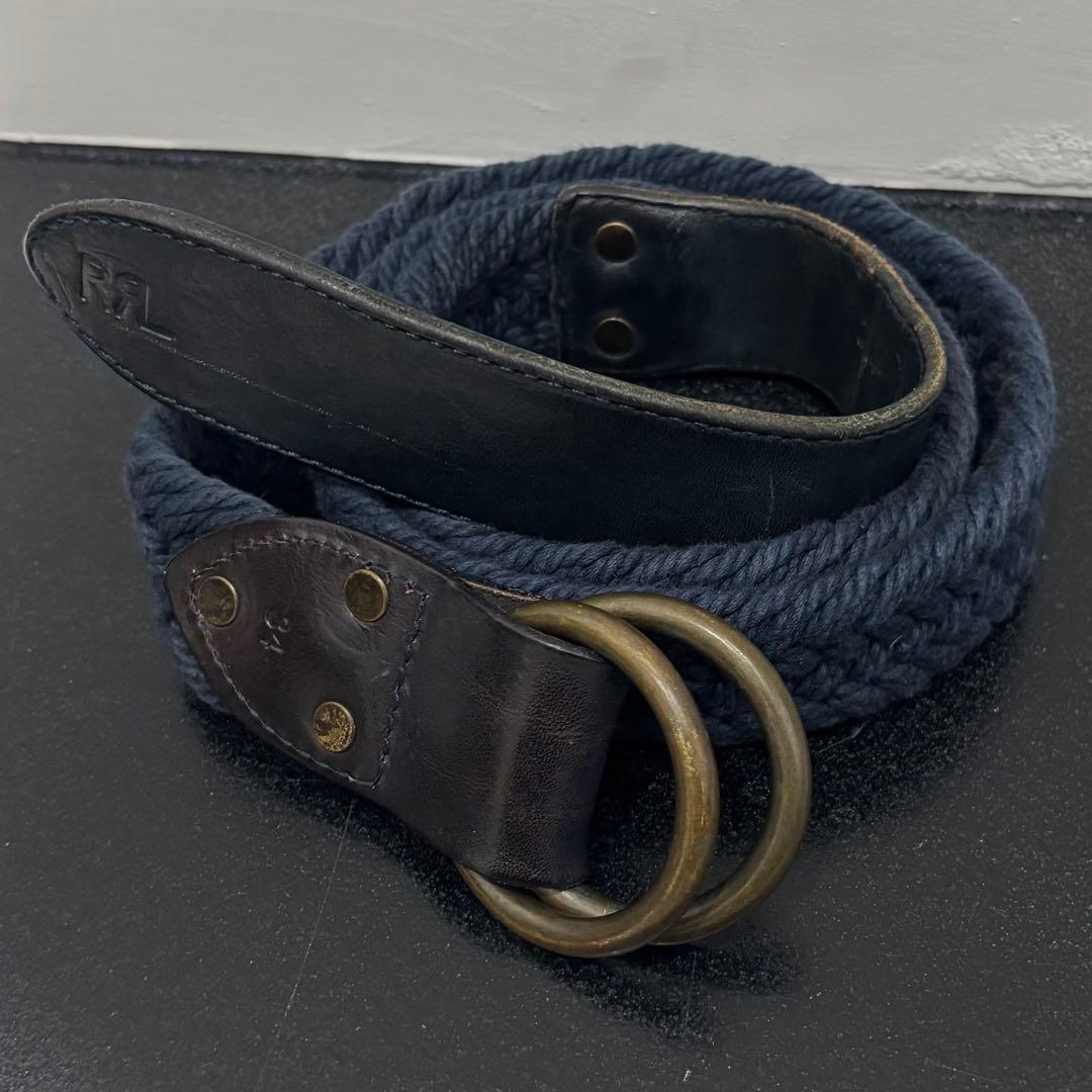 希少 RRL インディゴ メッシュ レザー ダブルリング ベルト 34 編み
