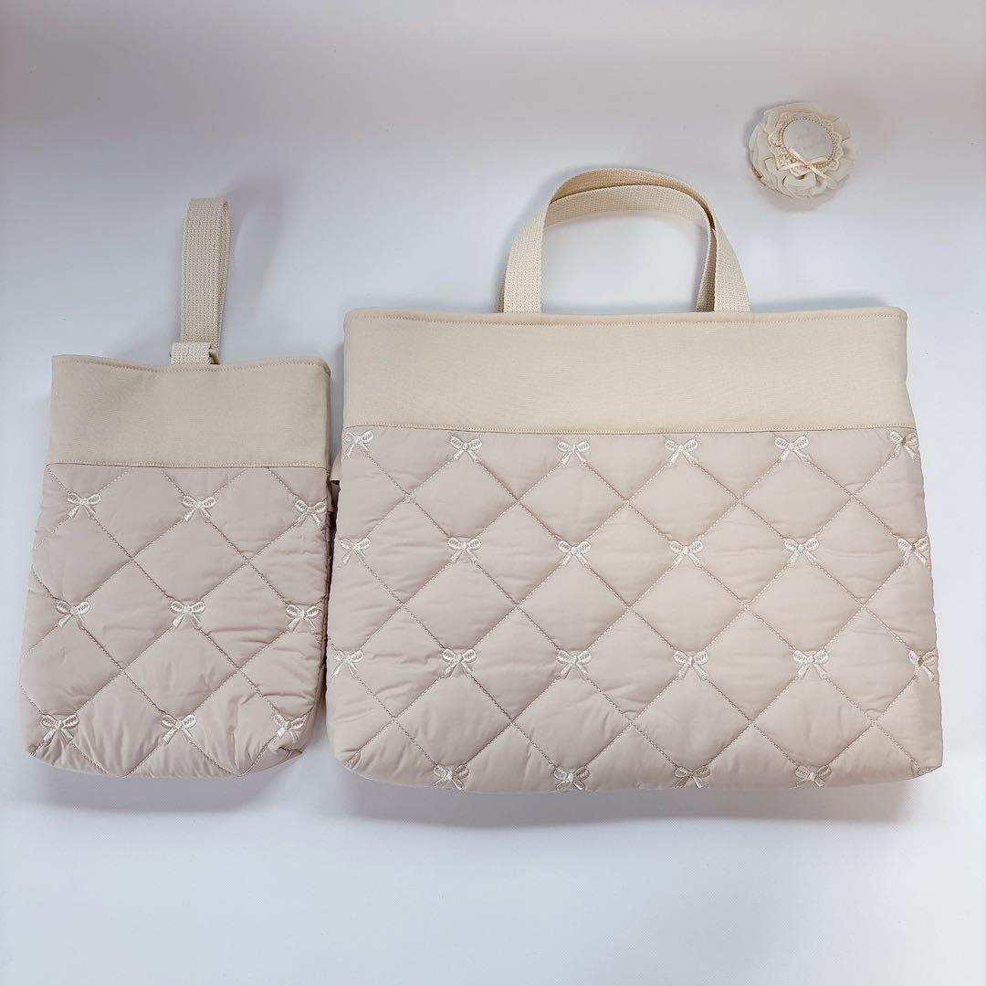 りぼん　刺繍生地　ヌビ　キルト　キルティング　レッスンバッグ　上履き袋　体操着袋