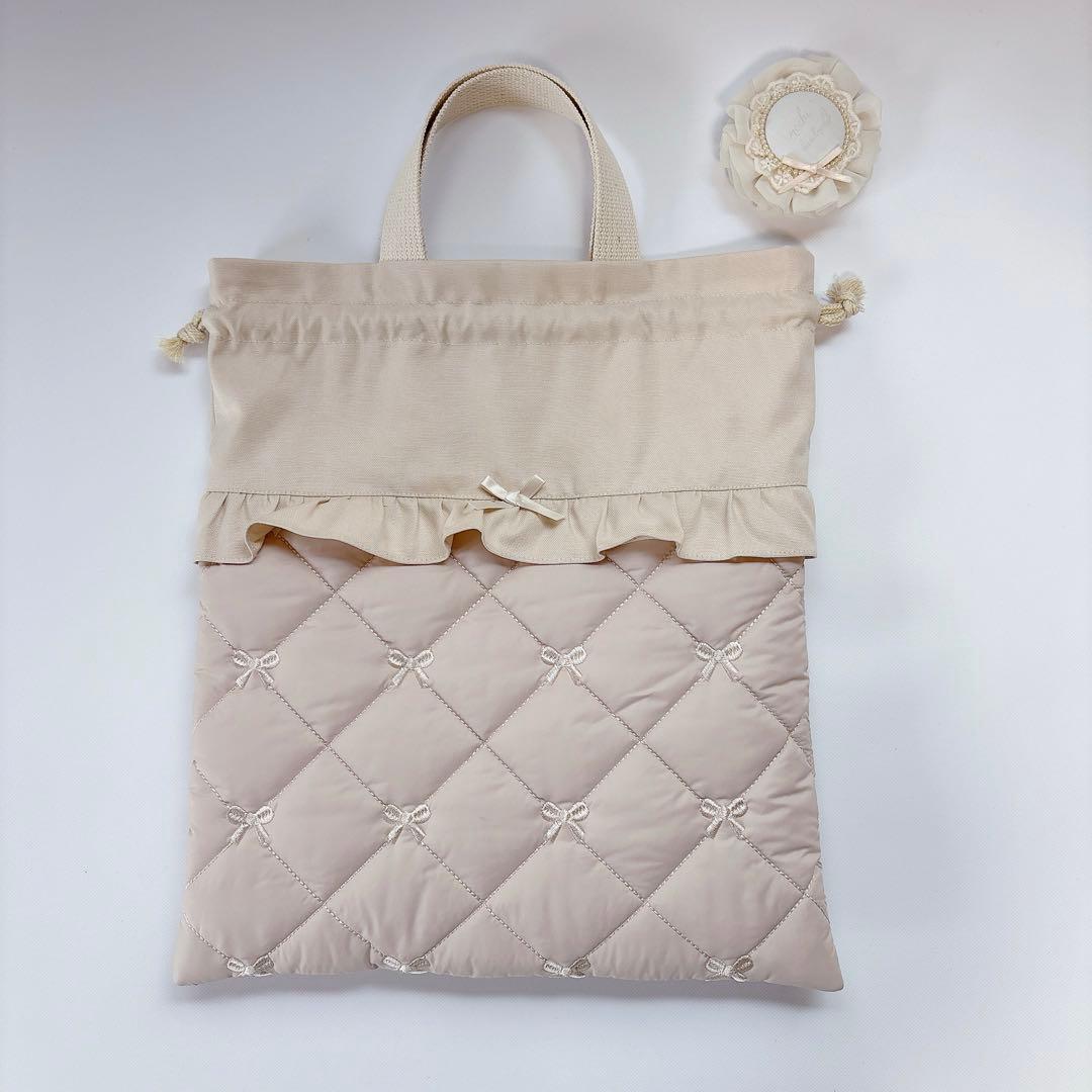 りぼん　刺繍生地　ヌビ　キルト　キルティング　レッスンバッグ　上履き袋　体操着袋