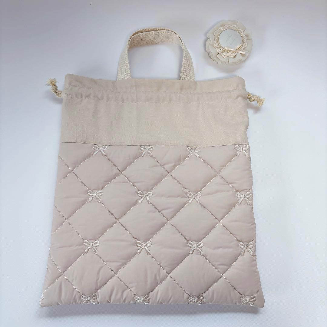 りぼん　刺繍生地　ヌビ　キルト　キルティング　レッスンバッグ　上履き袋　体操着袋