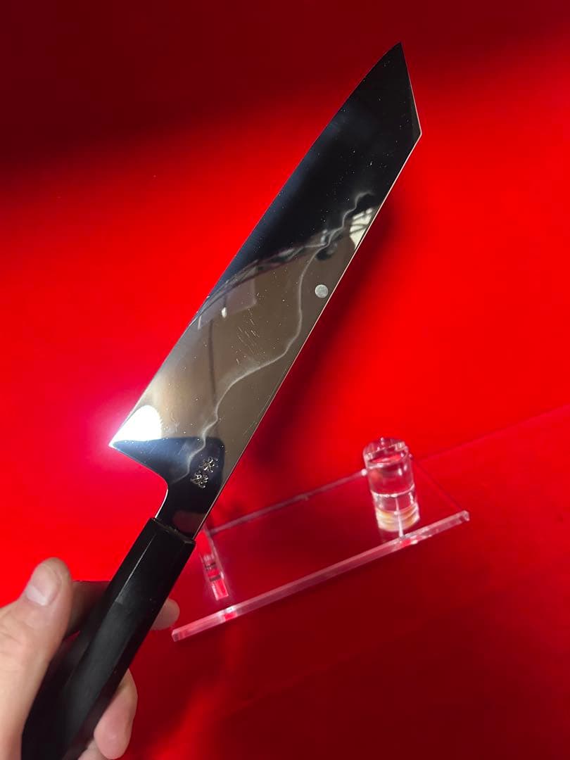 01574 包丁　切付　水本焼　富士山満月浮波　鏡面仕上げ　錆止めフィルム付