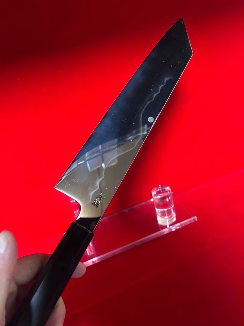 01574 包丁　切付　水本焼　富士山満月浮波　鏡面仕上げ　錆止めフィルム付