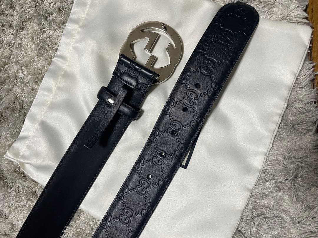正規品）GUCCI ブラックレザー ベルト ダブルGバックル