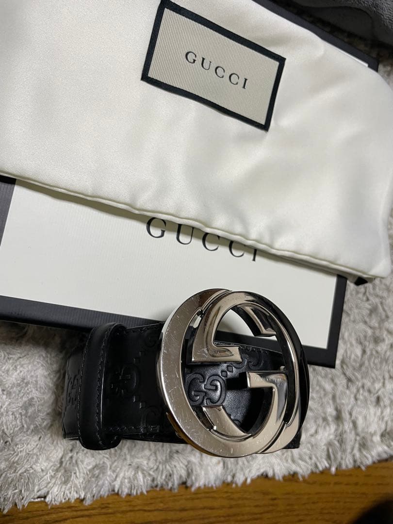 正規品）GUCCI ブラックレザー ベルト ダブルGバックル