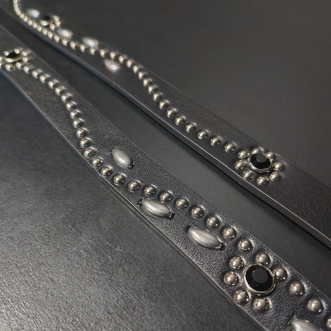 フラワー黒■本革レザーフルスタッズナローベルト☆ブラックダイヤモンドオニキス