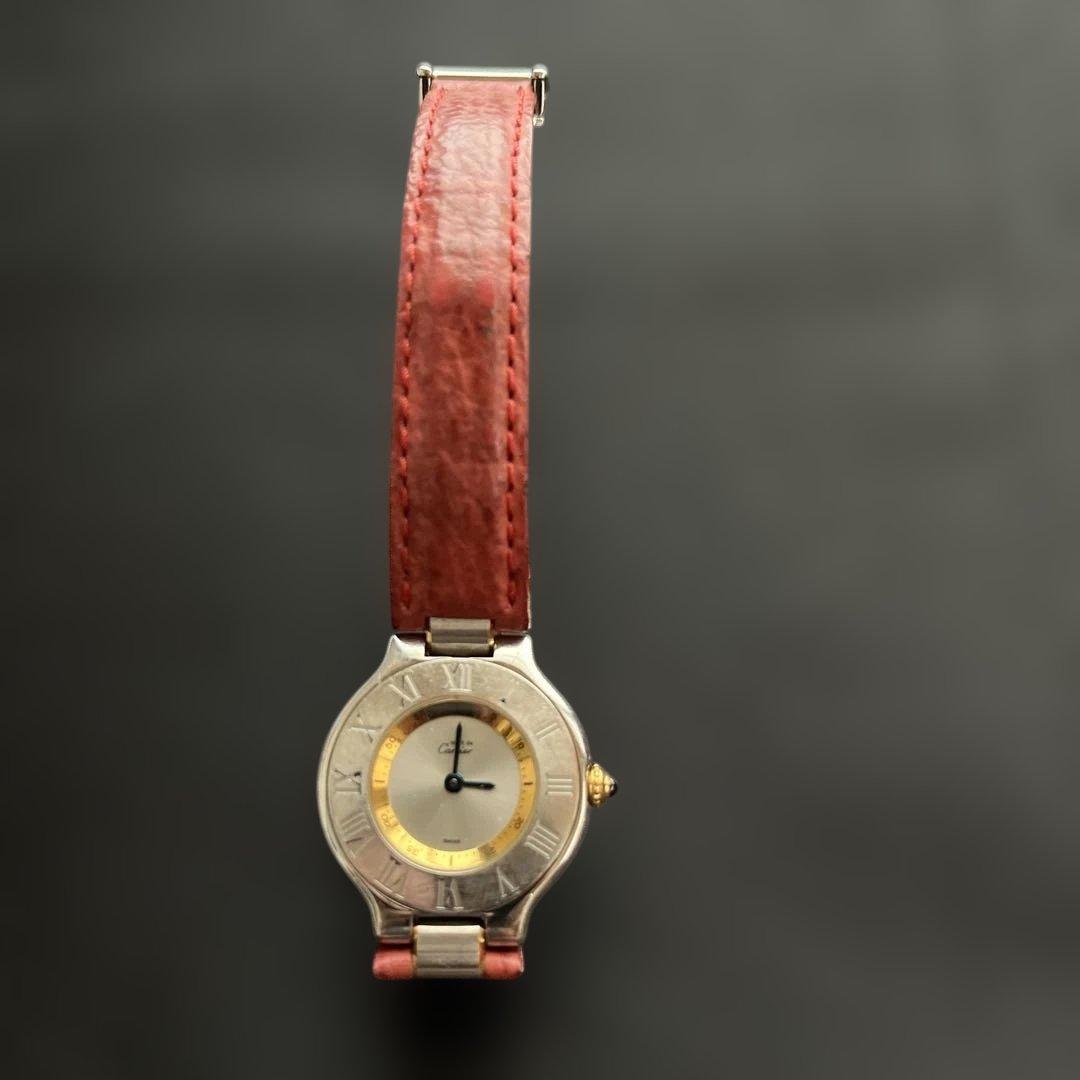 カルティエレディース時計 赤 レザー/電池交換済み