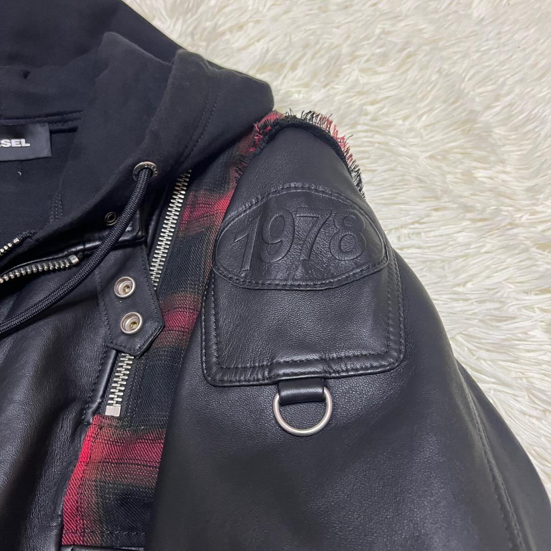 【希少】DIESEL レザー×チェック フーディ ライダース XXL 希少モデル