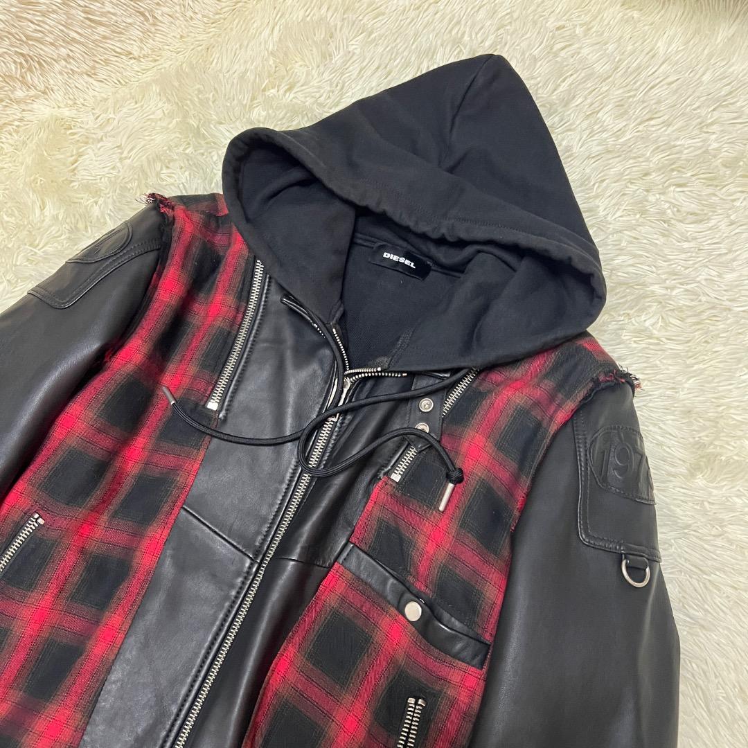 【希少】DIESEL レザー×チェック フーディ ライダース XXL 希少モデル