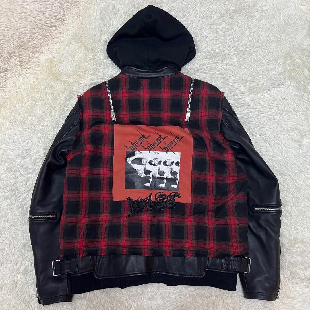 【希少】DIESEL レザー×チェック フーディ ライダース XXL 希少モデル