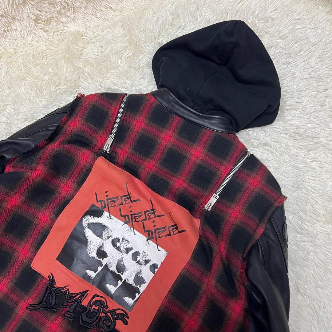 【希少】DIESEL レザー×チェック フーディ ライダース XXL 希少モデル