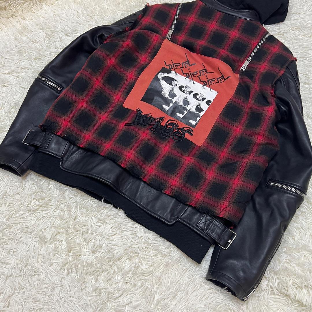 【希少】DIESEL レザー×チェック フーディ ライダース XXL 希少モデル