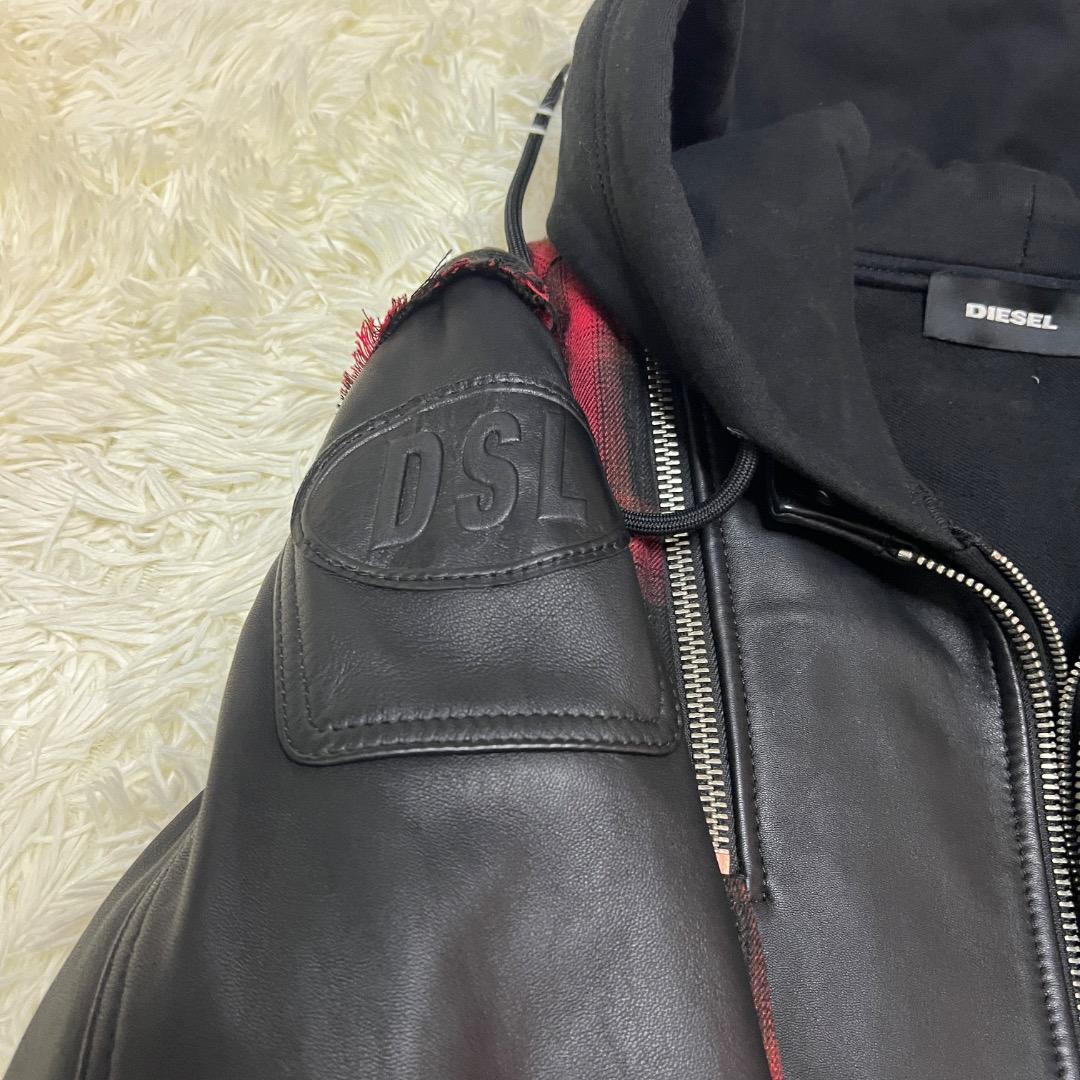 【希少】DIESEL レザー×チェック フーディ ライダース XXL 希少モデル