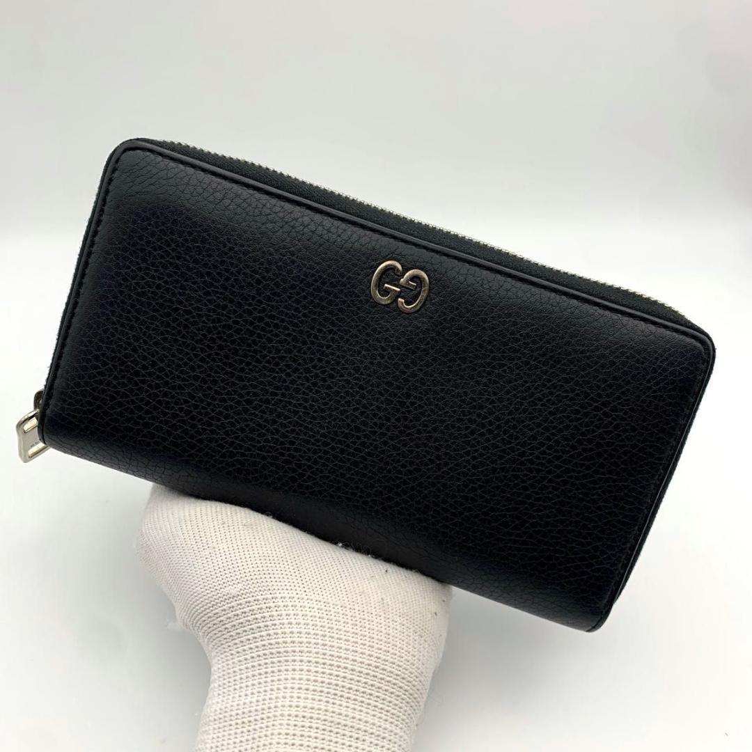 鑑定済み グッチ ラウンドファスナー 長財布 ドリアン GG 金具 レザー 黒