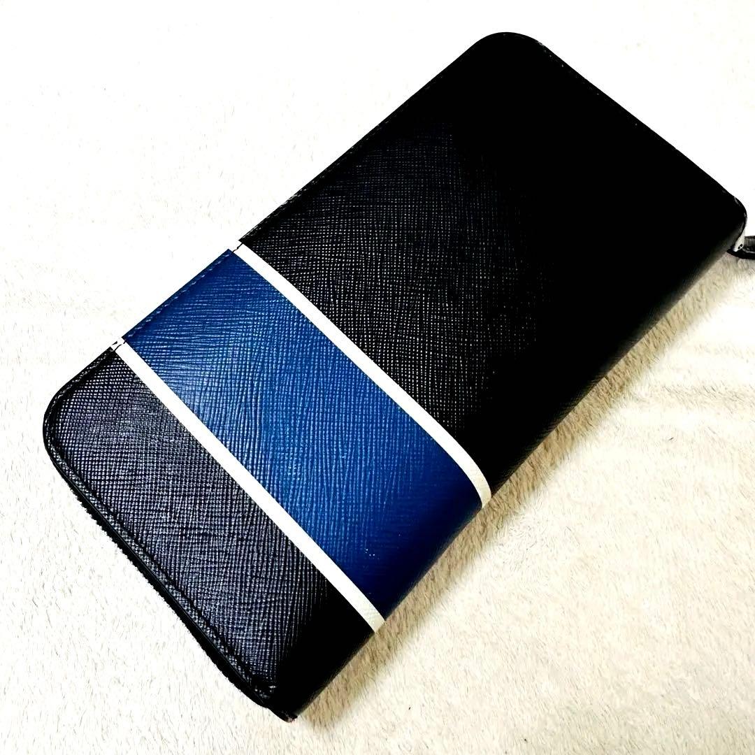 PRADA プラダ ラウンドファスナー長財布 バイカラー 黒 青 三角プレート