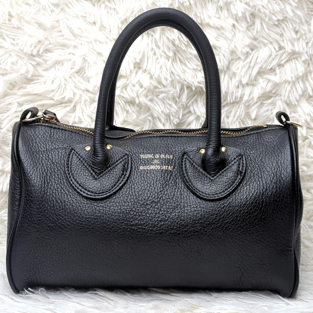 美品✨ヤング＆オルセン ミニボストン シボ革 黒 ゴールド金具 フレームワーク