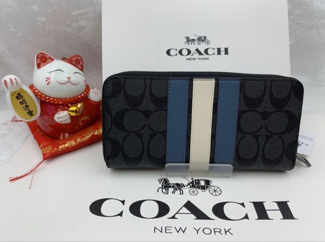 コーチ 長財布 シグネチャー 黒 青白ライン本日のみ　10,500円