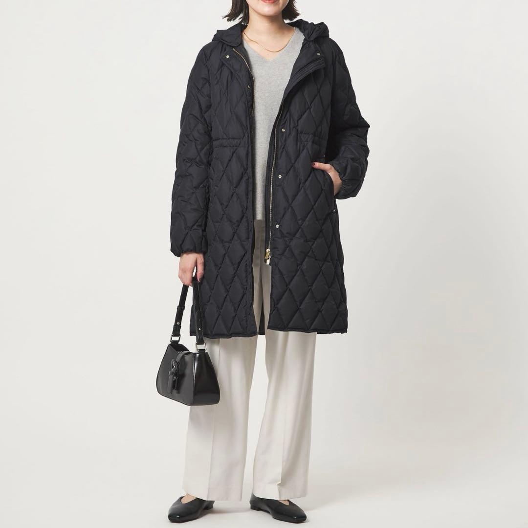 【新品　今季】撥水　キルティング　ライト　ダウンコート　ネイビー　ノーカラー　M
