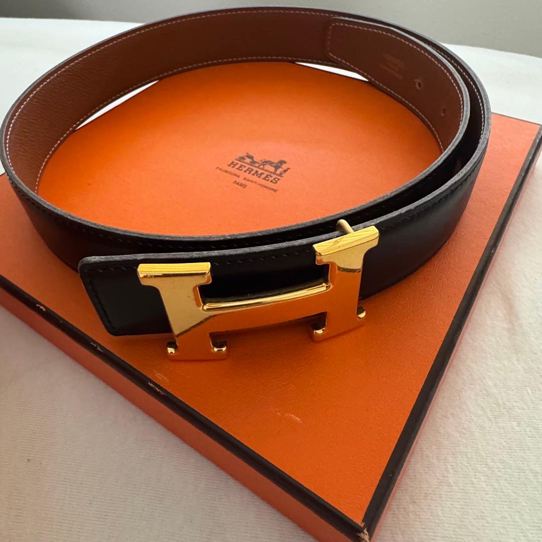 HERMES ブラックレザーベルト H型バックル　美品