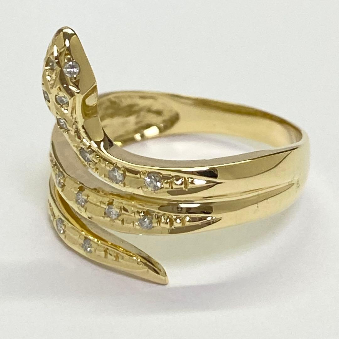 K18　天然ダイヤモンドリング　蛇モチーフ　18金　幅広　ヘビ　へび