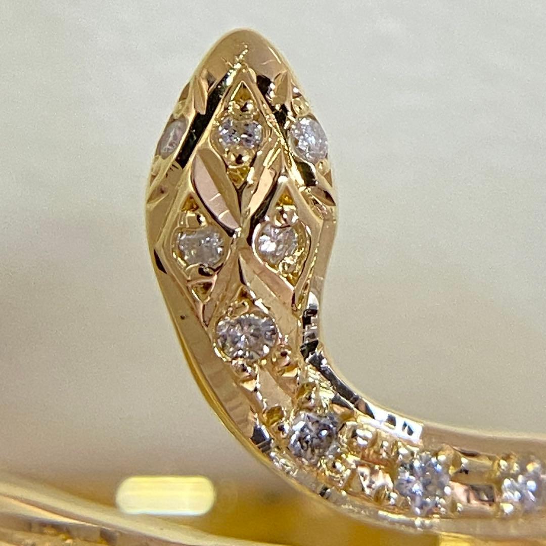 K18　天然ダイヤモンドリング　蛇モチーフ　18金　幅広　ヘビ　へび