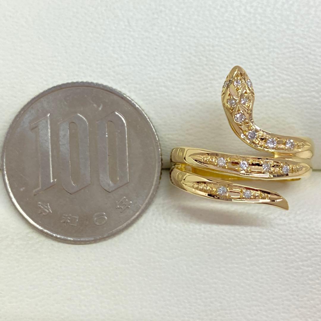 K18　天然ダイヤモンドリング　蛇モチーフ　18金　幅広　ヘビ　へび