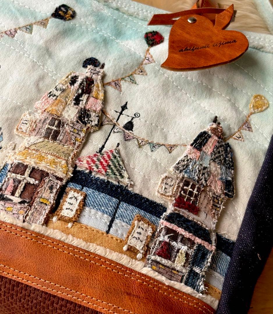 (手づくり)\"海の見える街\"ショルダートートバッグ刺繍アップリケ