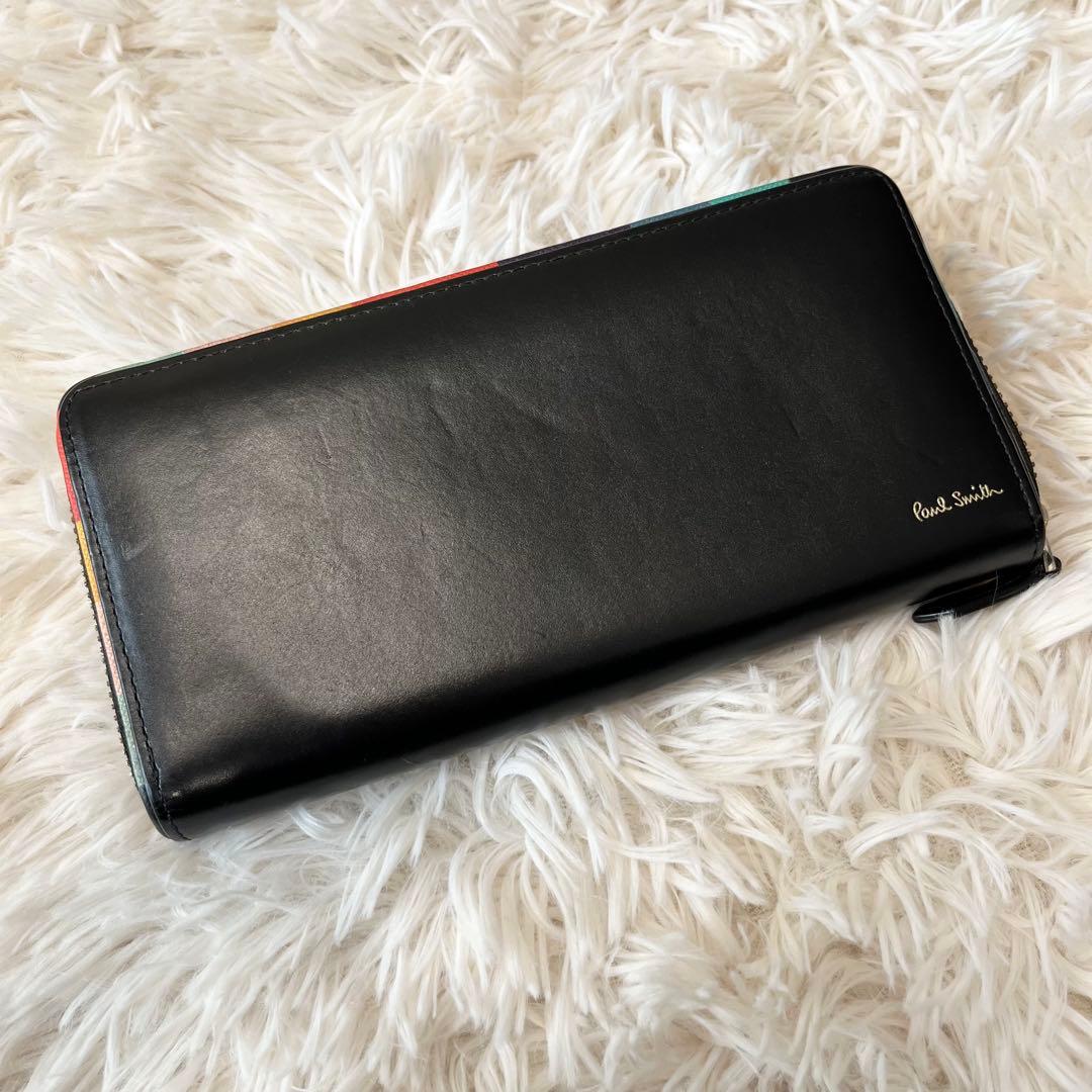 【美品】ポールスミス ラウンドジップ マルチストライプ レザー ブラック 本革