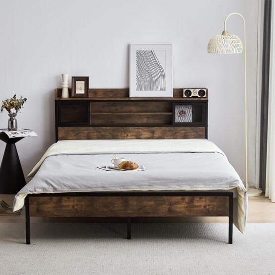 数量限定！SDセミダブル・コンセント付きベッドフレーム ヴィンテージ風BROWN