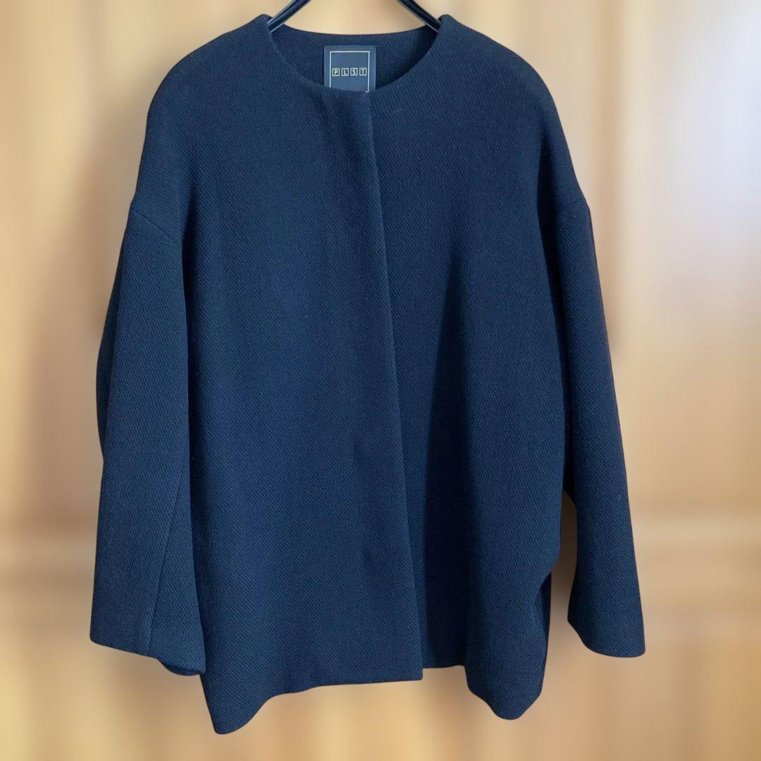 美品 PLST プラステ マンテコ ノーカラーハーフコート 黒 M