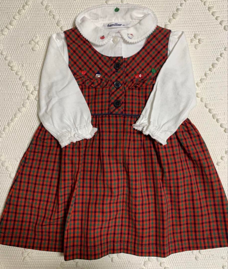 美品★ファミリア　赤チェックワンピース　長袖ブラウス刺繍　セット売り　サイズ80