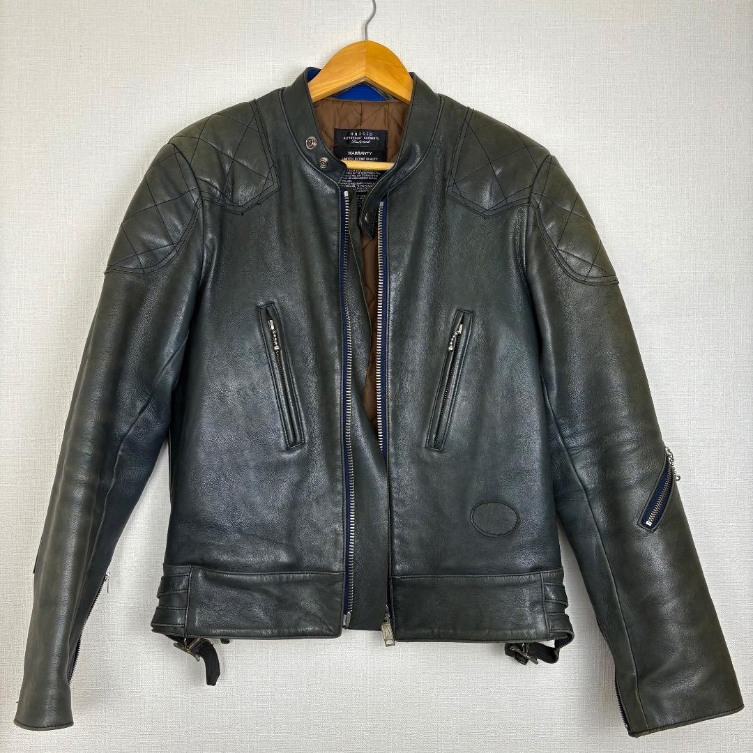 UNUSED ネイビー ダークグリーン レザー シングルライダースジャケット