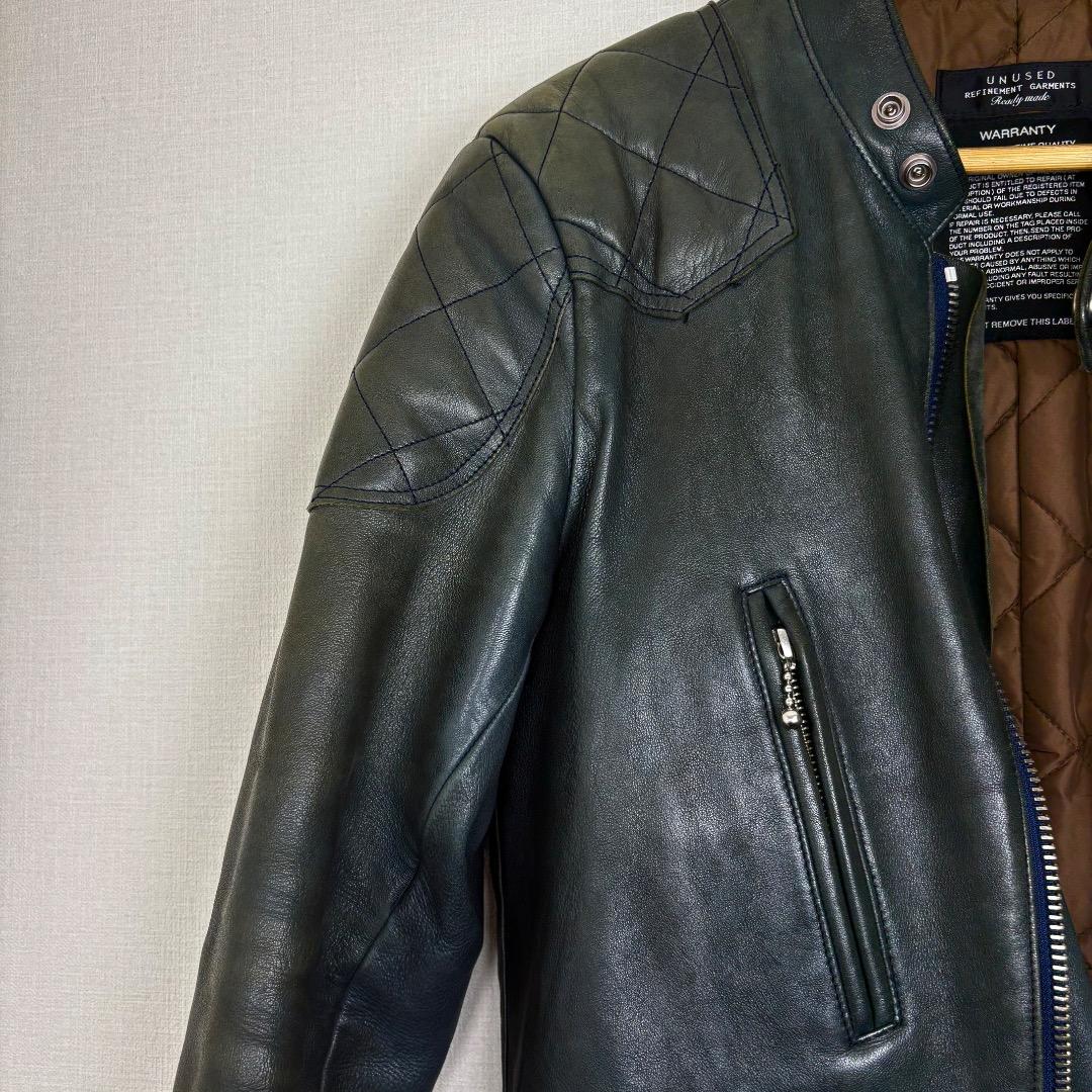 UNUSED ネイビー ダークグリーン レザー シングルライダースジャケット