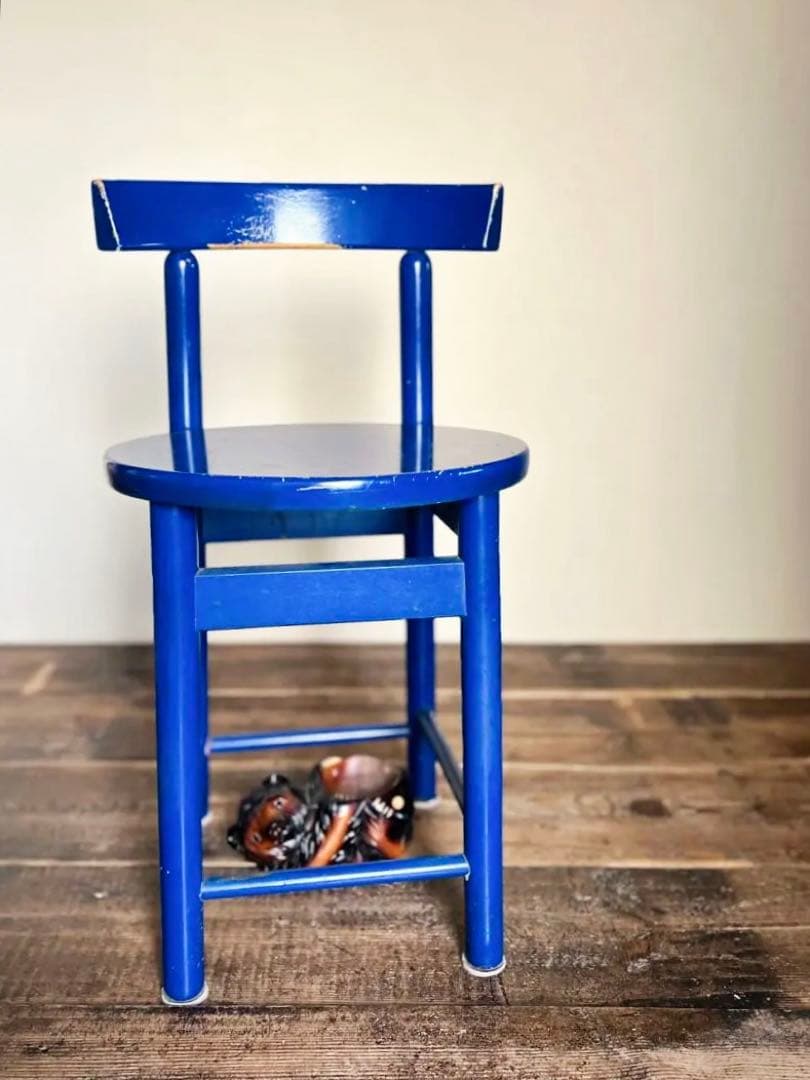 昭和40年代 青い木製スツール 無垢材 丸椅子 レトロ 学校家具