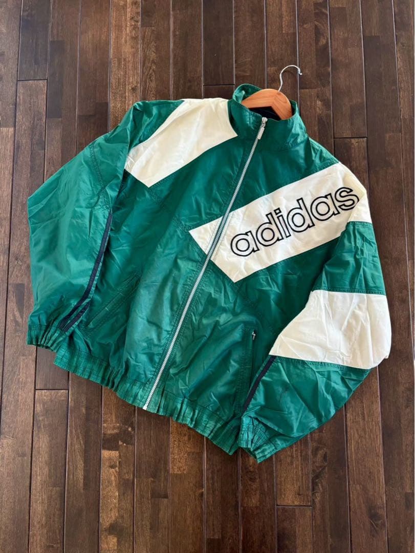 アディダス/入手困難 90s 国旗刺繍タグ ナイロン セットアップ 緑×白 L