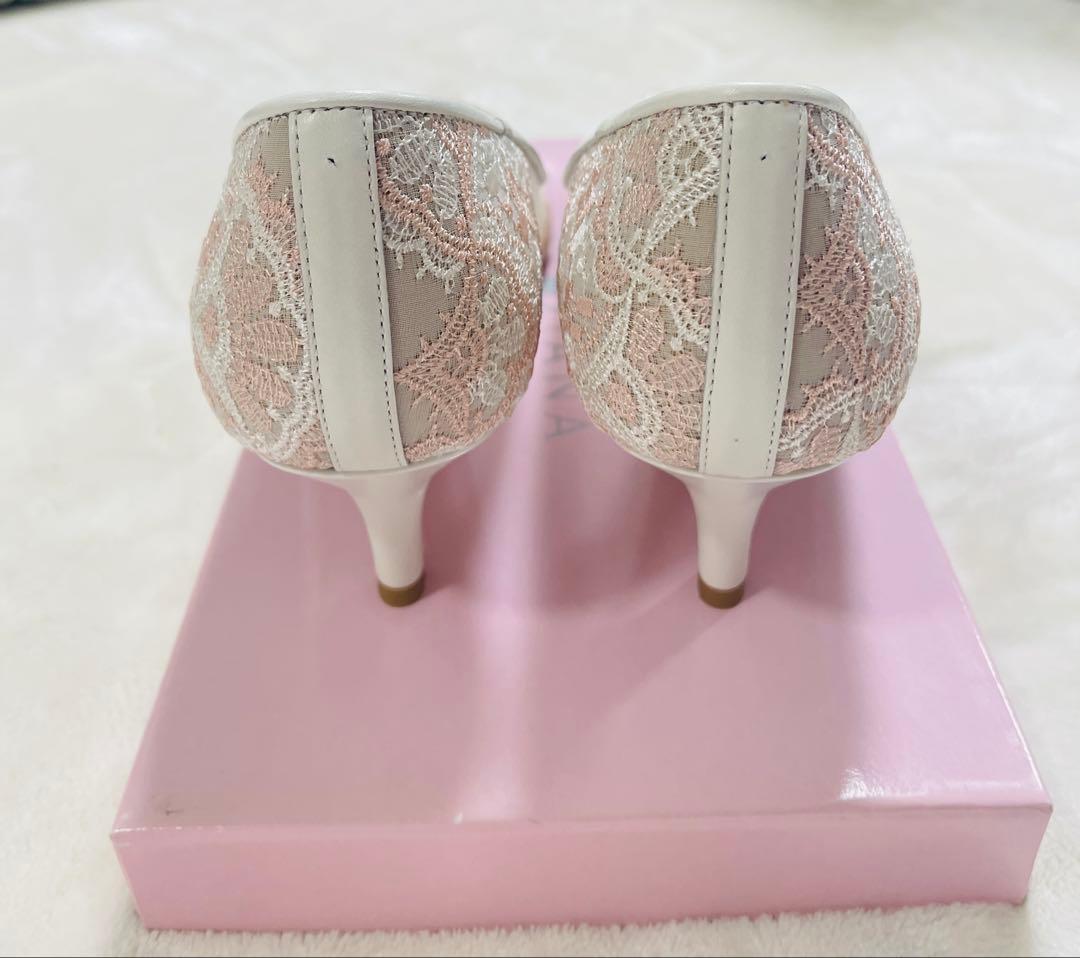 DIANA 新品　24.５cm 靴　パンプス　ピンク×白　レース