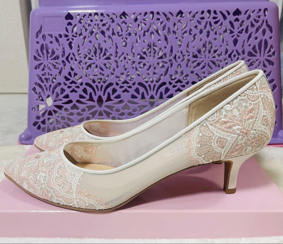 DIANA 新品　24.５cm 靴　パンプス　ピンク×白　レース
