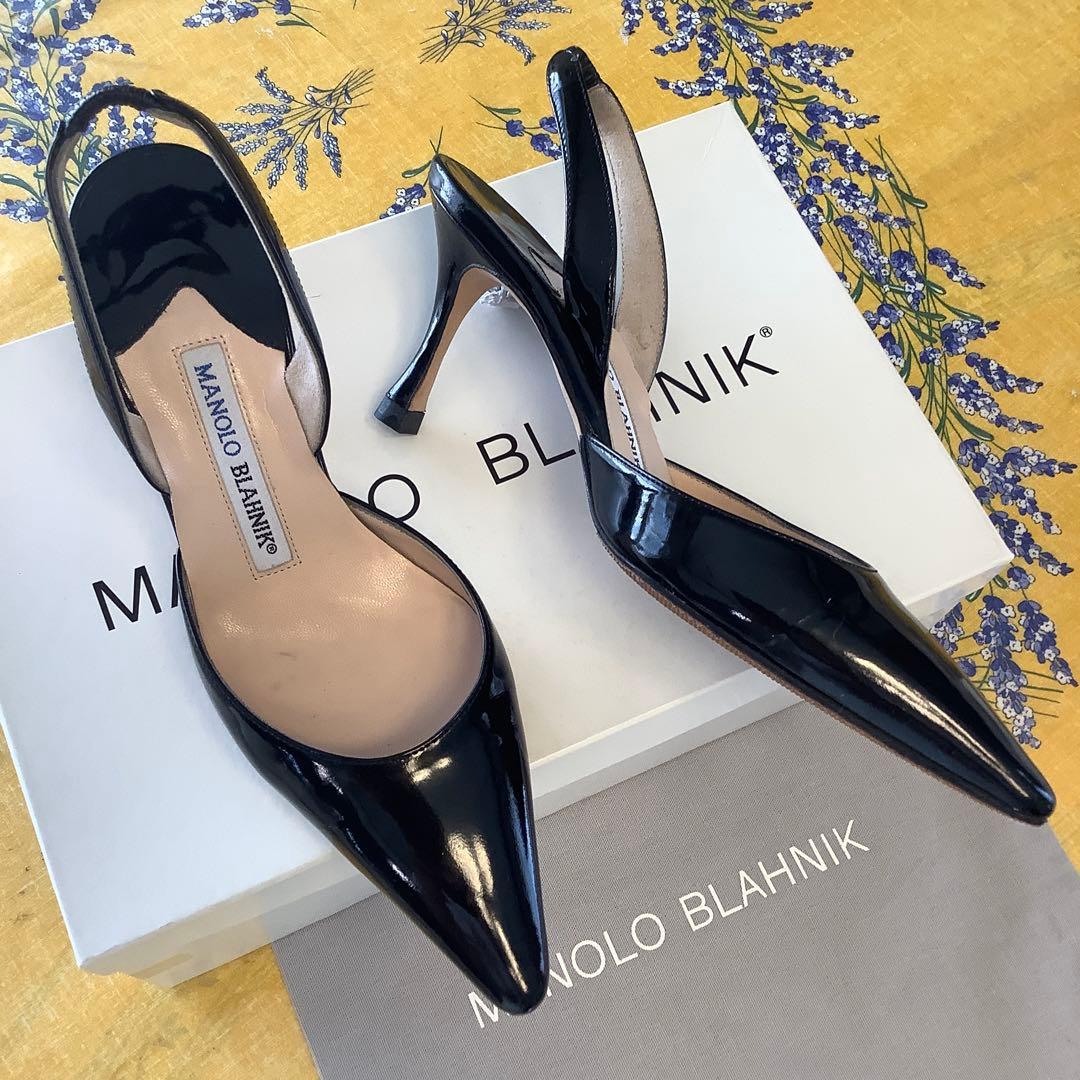 極美品! マノロブラニク 定番キャロリン スリングバック 極上パテント 21cm
