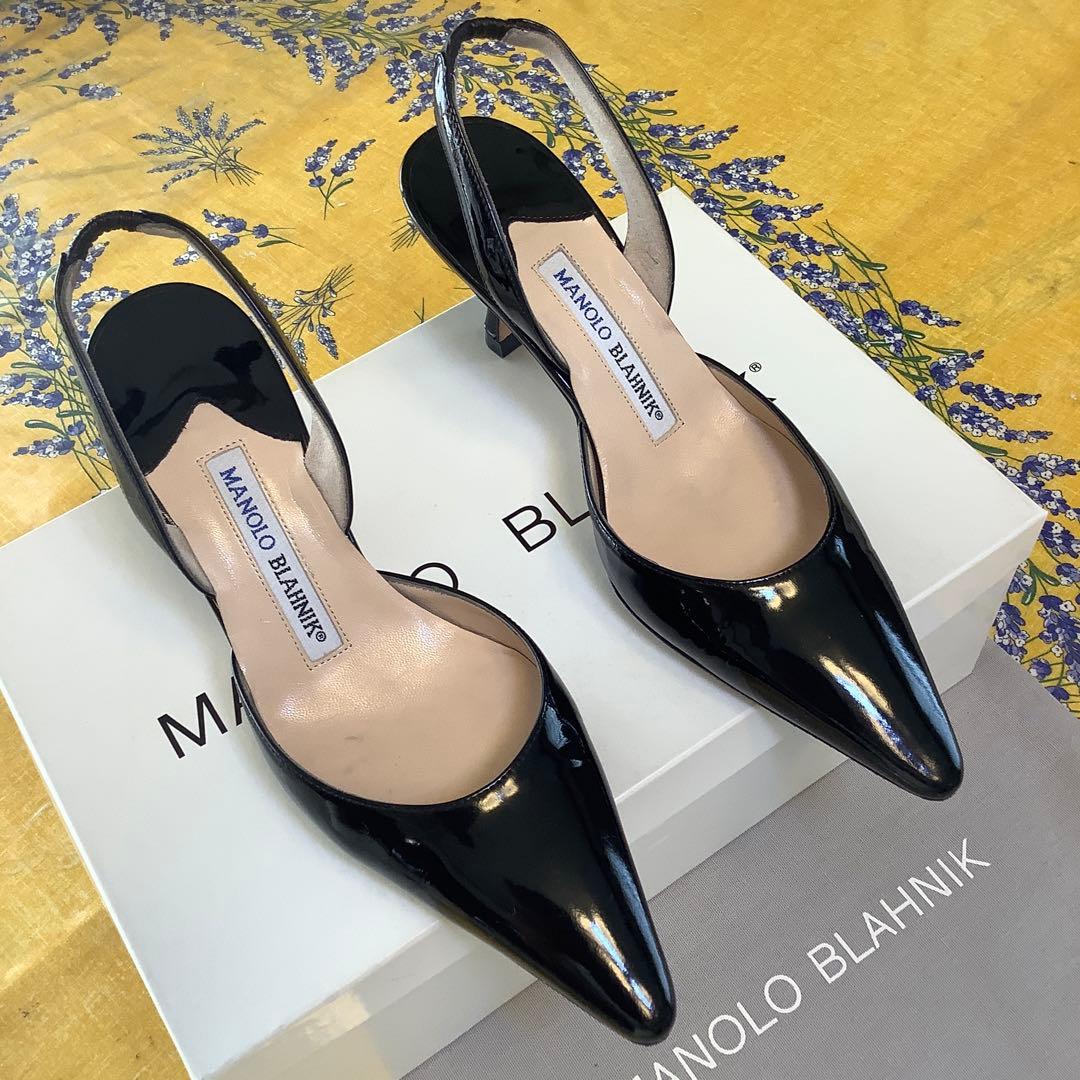 極美品! マノロブラニク 定番キャロリン スリングバック 極上パテント 21cm