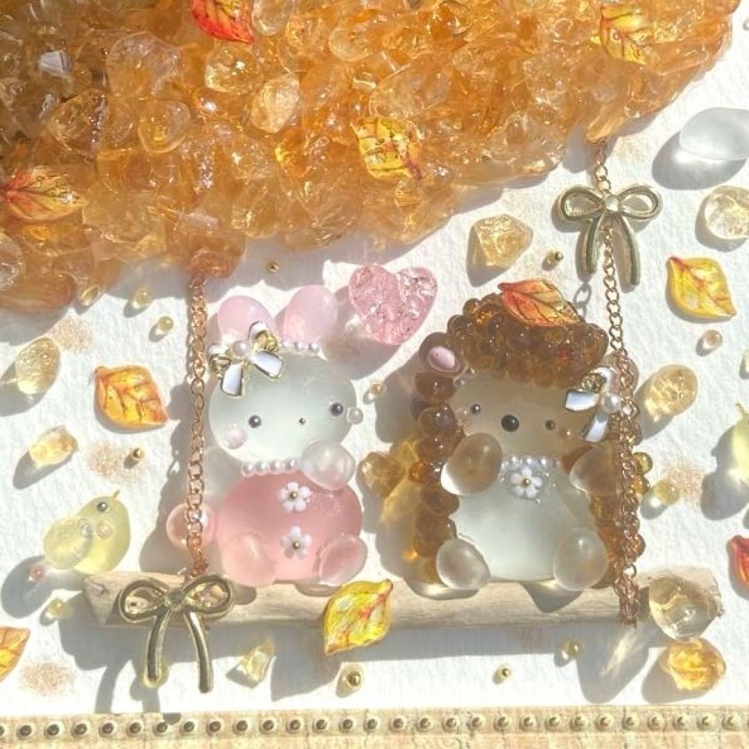 ♡綺麗な紅葉とぶらんこ時間♡ガラス シーグラスアート りす＆うさぎ