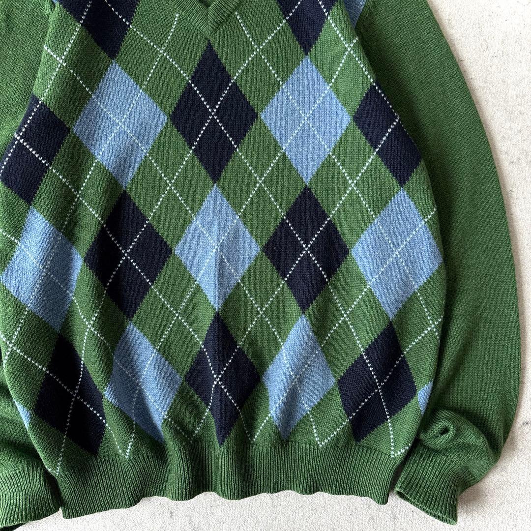 美品 ブルックスブラザーズ イタリアンラムウール Vネック アーガイルニット 緑