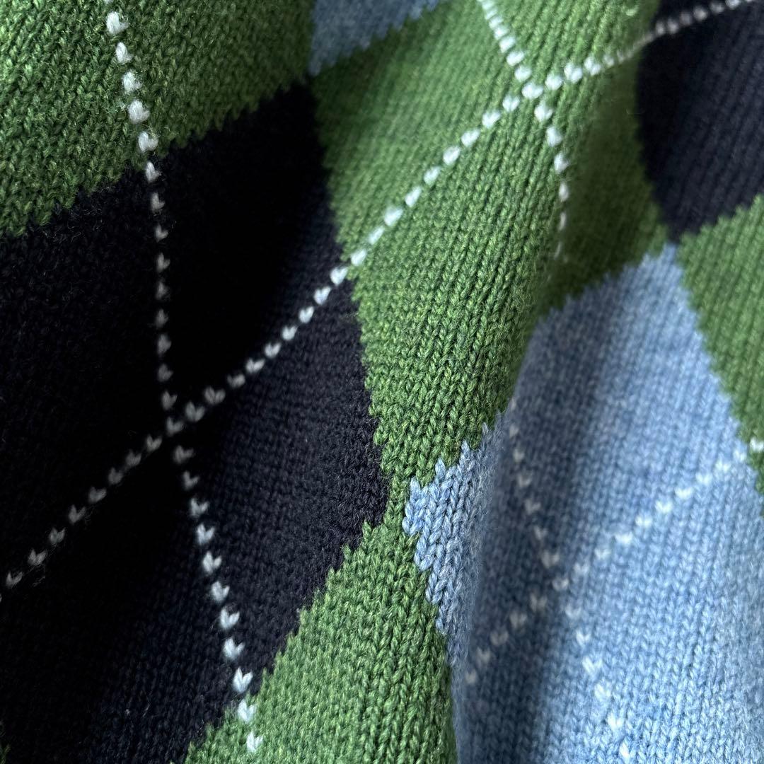 美品 ブルックスブラザーズ イタリアンラムウール Vネック アーガイルニット 緑