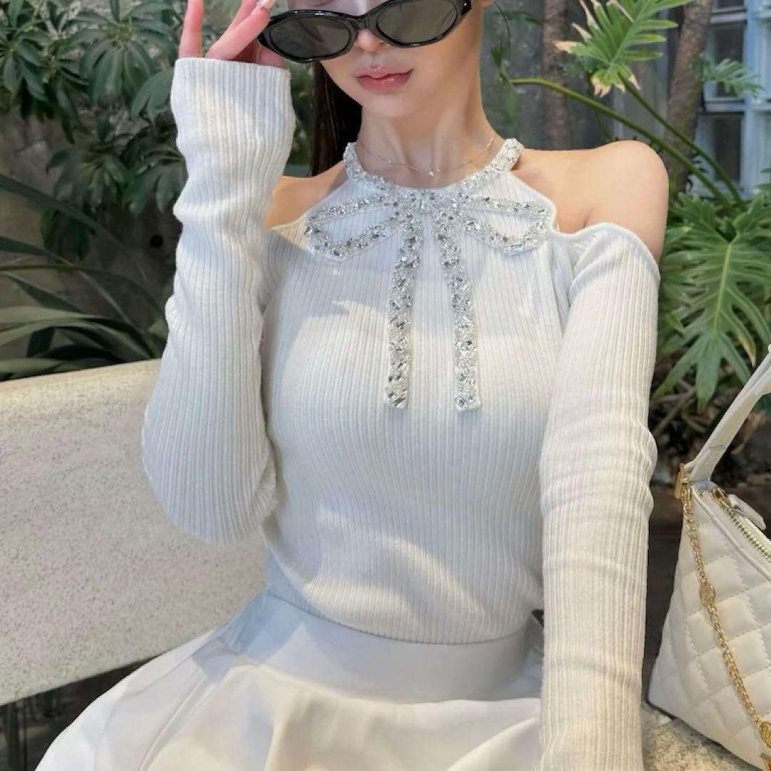 リボンビジューアメスリニットトップス