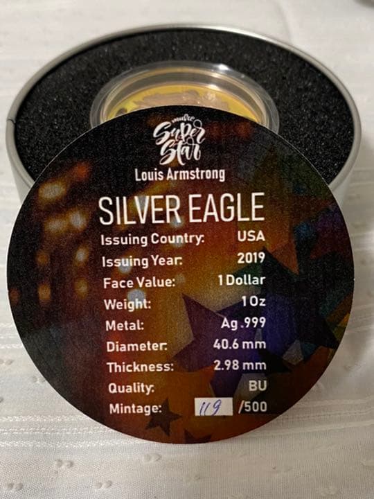 2019　アメリカンイーグル　リバティ　ルイアームストロング　天然石　銀貨