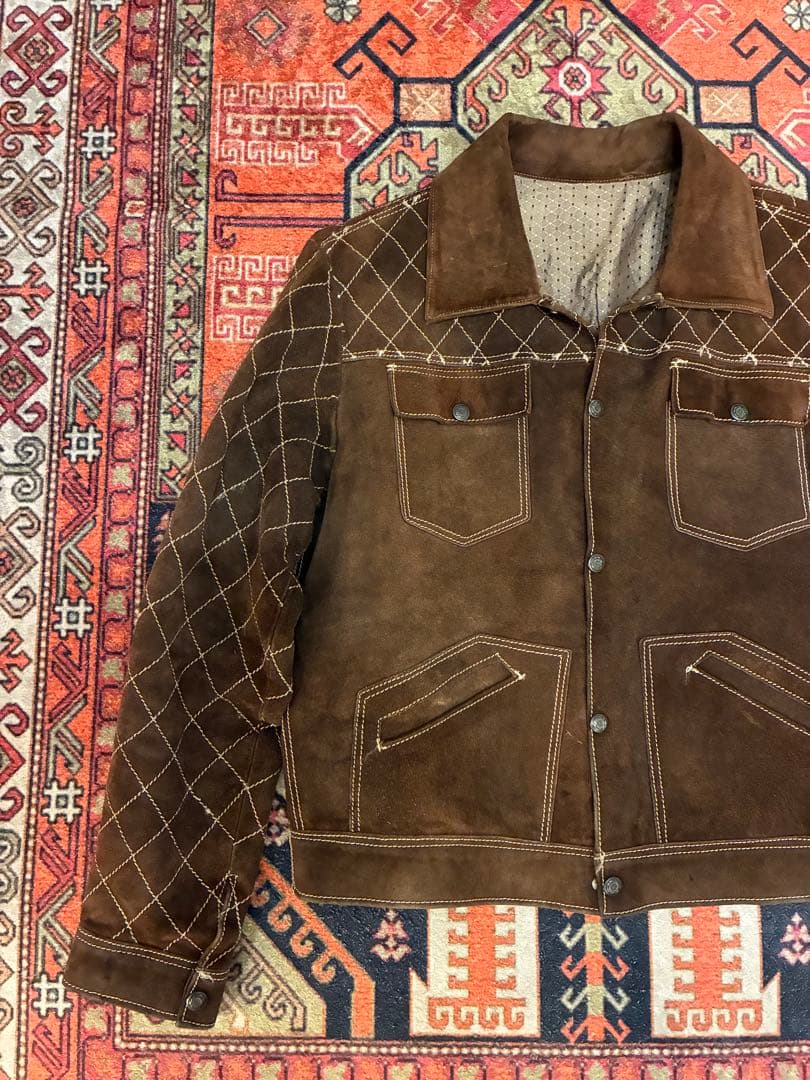 ブラウン チェック柄 スエードジャケット