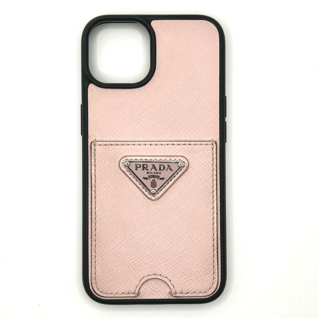 美品　PRADA iPhoneケース　14 ピンク　三角ロゴ　サフィアーノレザー