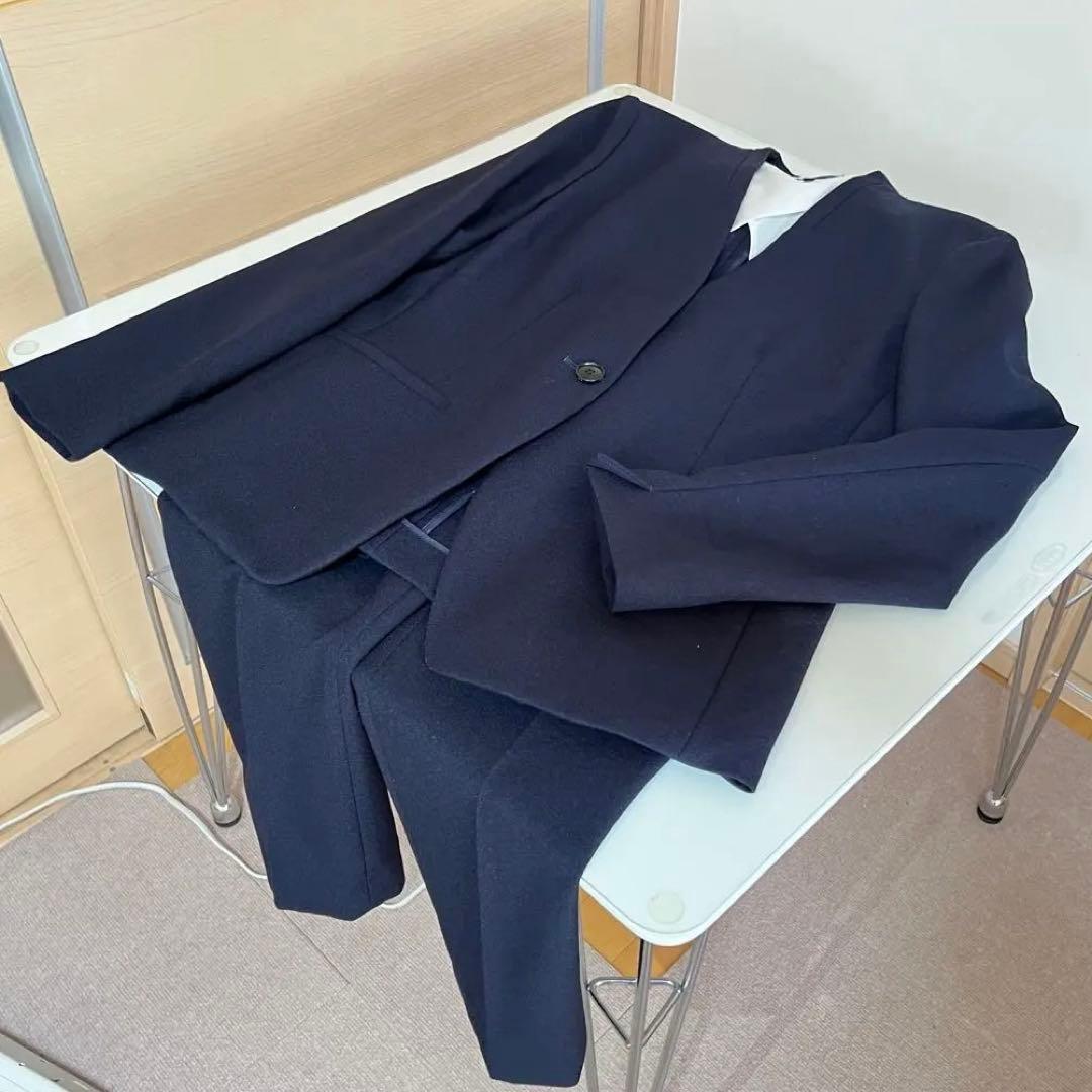 【美品】ICB★パンツスーツ ネイビー 濃紺 秋冬 ビジネス 仕事 LL 洗える