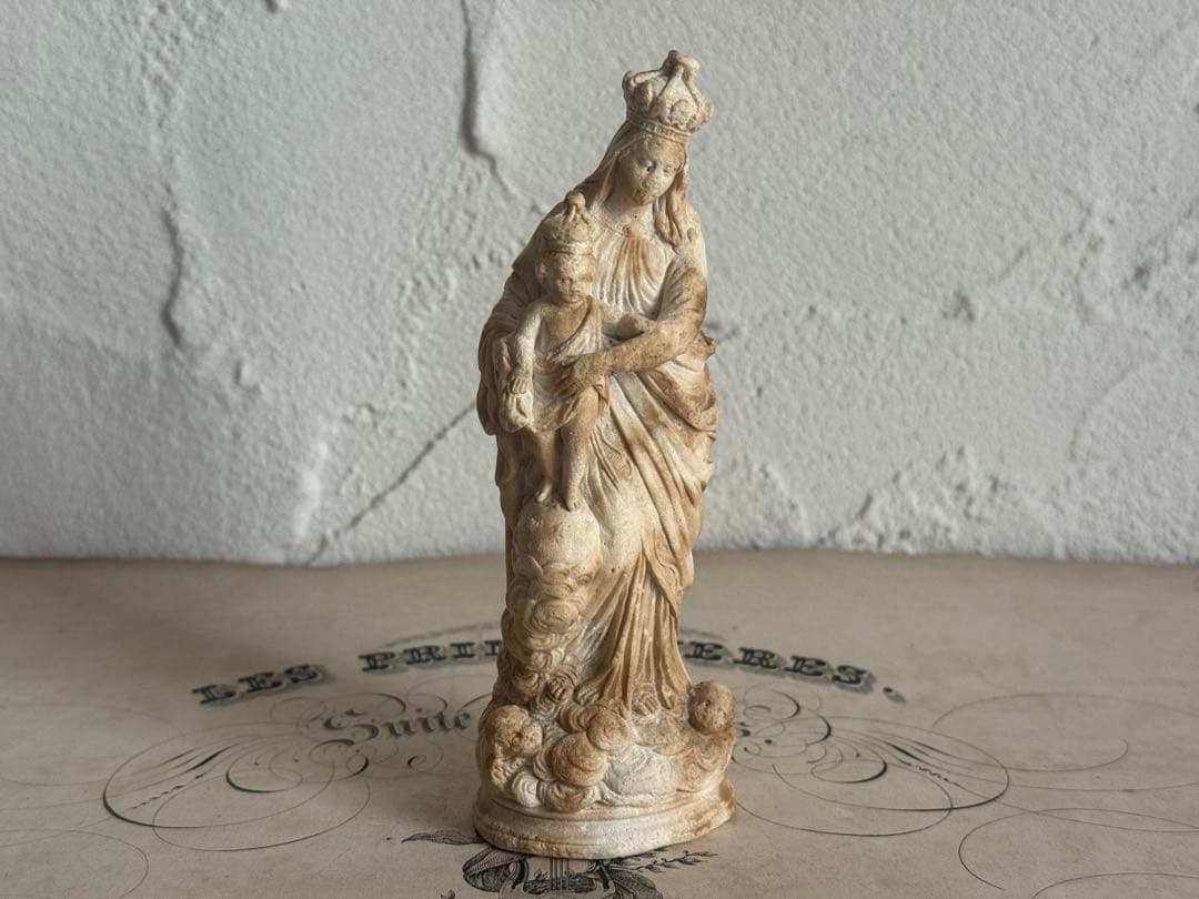 フランスアンティーク　小さなイエスキリスト&聖母マリア像 彫刻 全長14cm